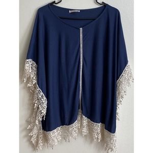 Do Everything In Love Navy Blue Poncho with Crochet Trim One Size